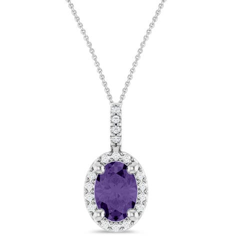 Oval Lab  Amethyst & Diamond Halo Pendant Necklace 14K