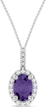 ALLUREZ Oval Lab Amethyst & Diamond Halo Pendant Necklace 14K