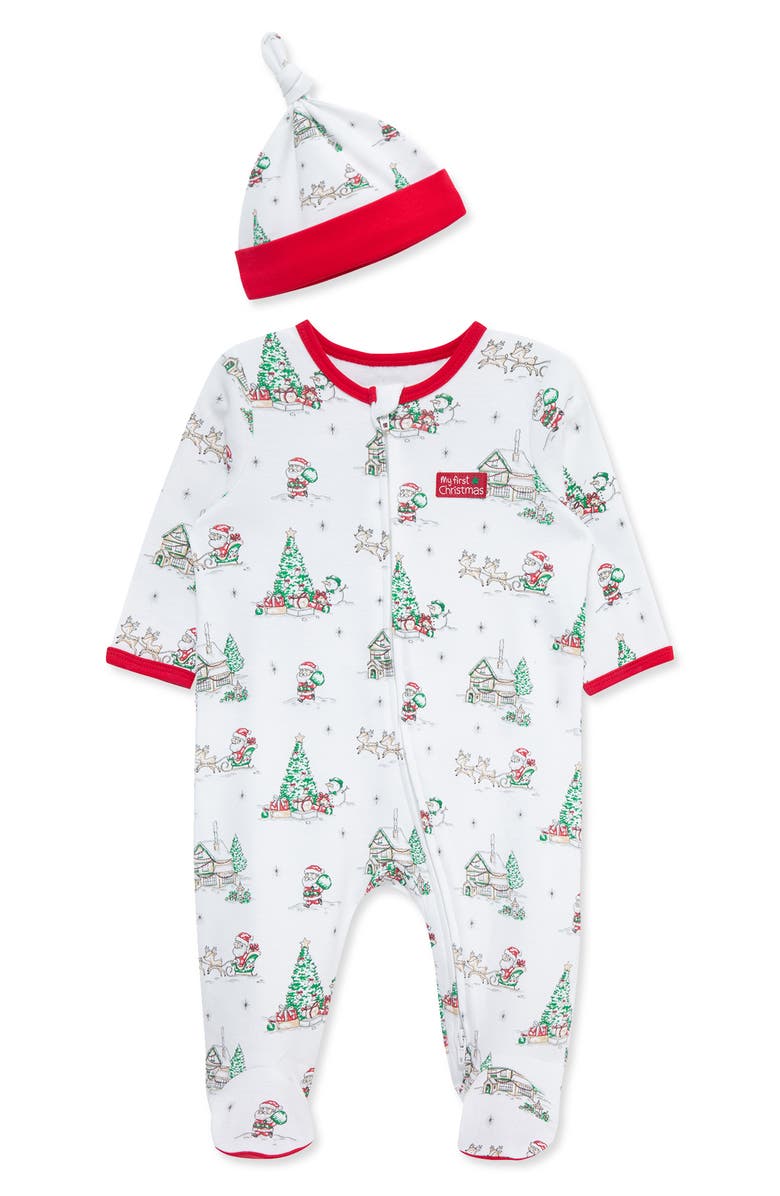 Little Me Holiday Scene Cotton Footie & Hat Set, Main, color, White Multi