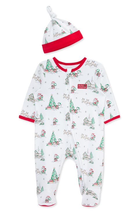 Holiday Scene Cotton Footie & Hat Set (Baby)