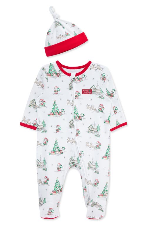 Little Me Holiday Scene Cotton Footie & Hat Set In White