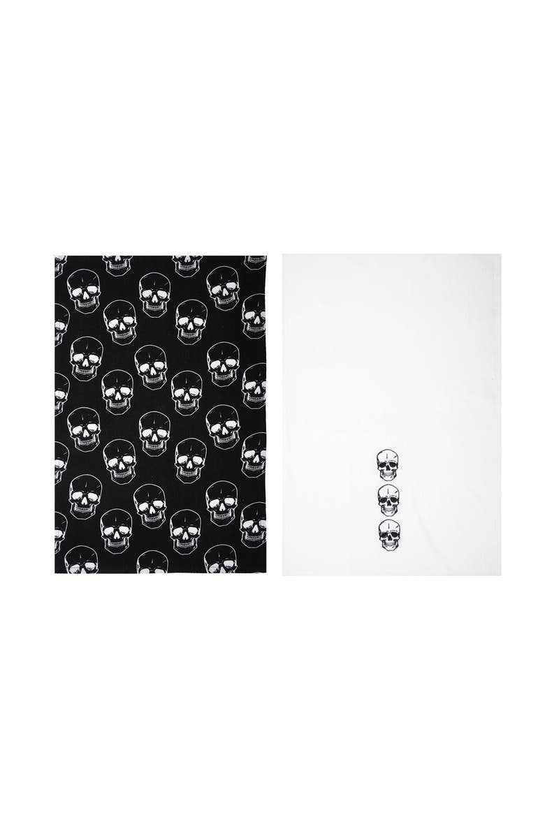 Skully Black & White Halloween Dishtowel Set of 2, Main, color, Black