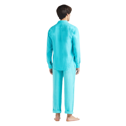Vilebrequin - Caroubis Linen Long Sleeved Shirt In Santorini Blue Crsh9u10 In Vert Disco