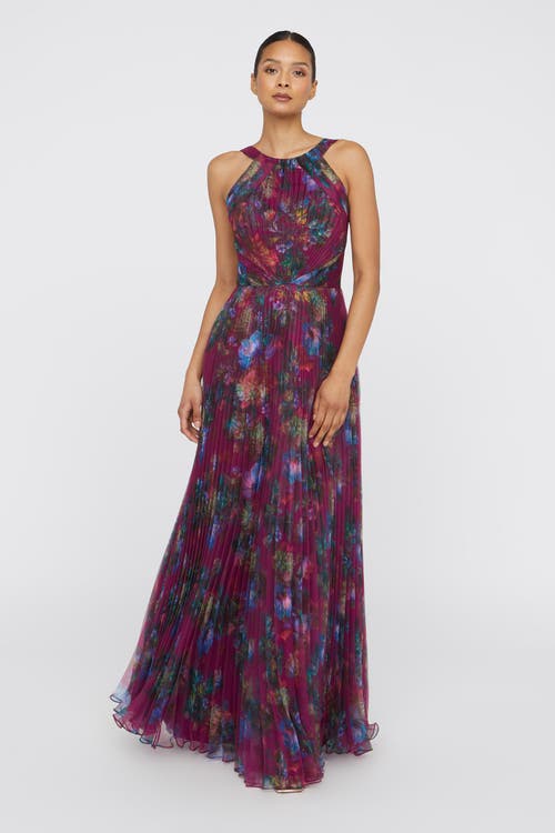 Theia Naveen Pleated Floral-print Organza Gown In Brown