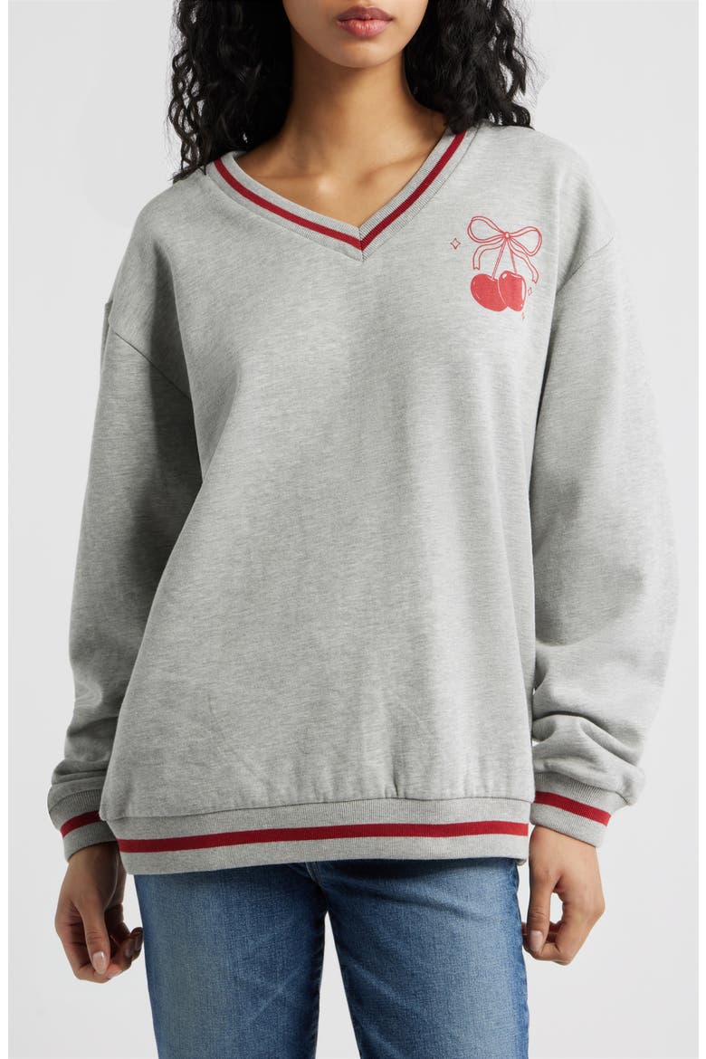 Heart Card Bow Ace V-Neck Sweatshirt, Main, color, HEATHER GRAY
