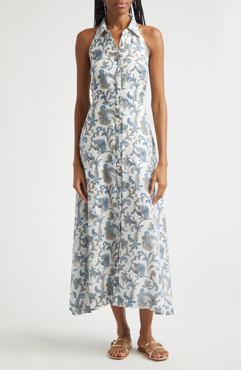Veronica Beard Mackey Paisley Halter Neck Sleeveless Ramie Shirtdress, Main, color, Dove Multi