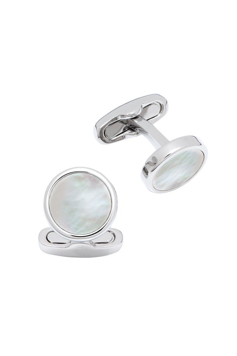 Round Mother of Pearl Cufflinks in Silver Tone Setting, Main, color, White
