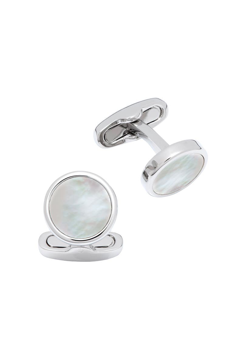 Link Up Round Mother of Pearl Cufflinks in Silver Tone Setting, Main, color, White