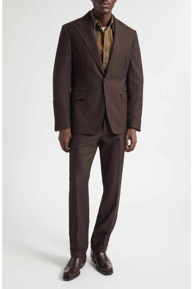 Pinstripe Wool Flannel Western Tuxedo Jacket, Alternate, color, BROWN CHARCOAL