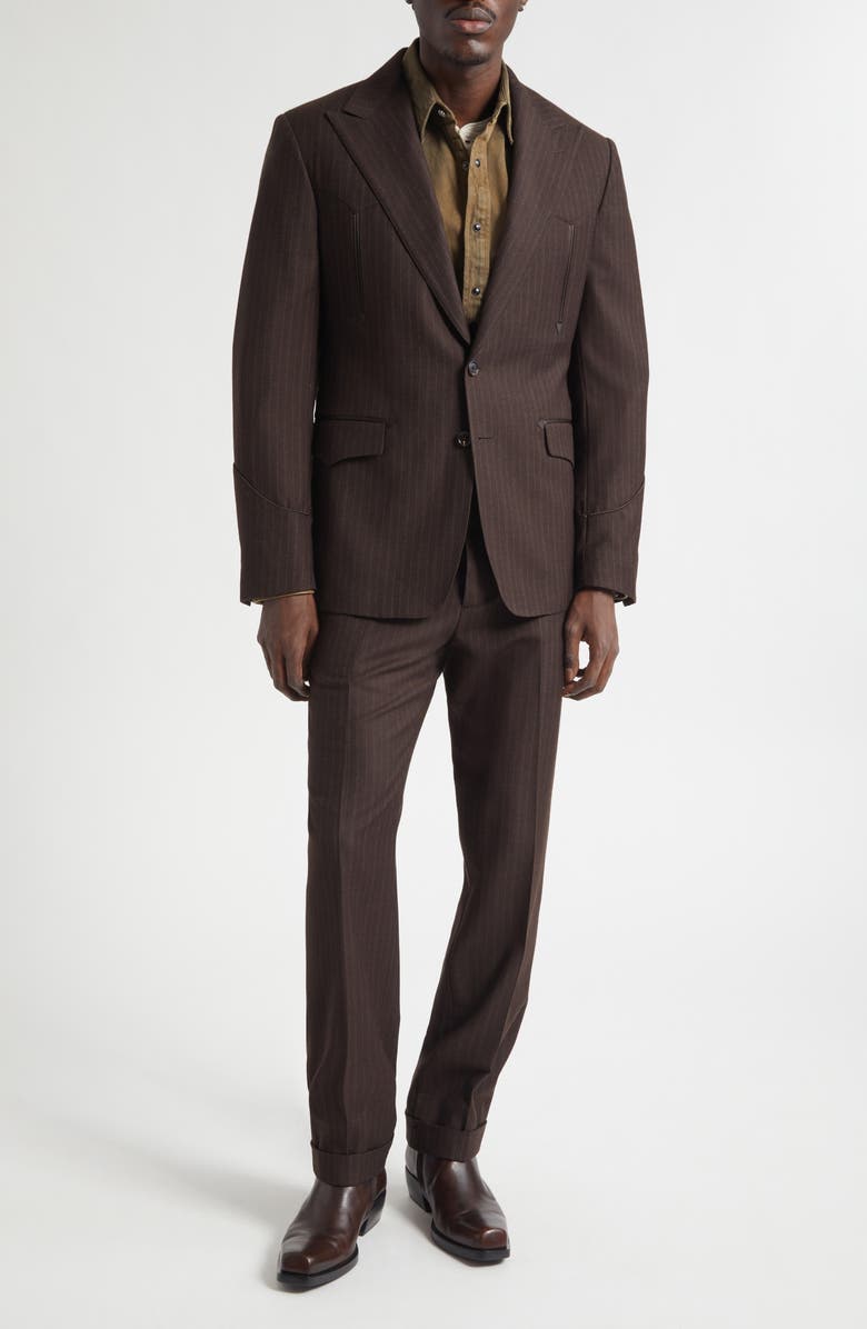 Double RL Pinstripe Wool Flannel Western Tuxedo Jacket, Alternate, color, Brown Charcoal