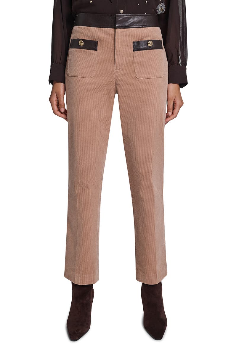 Faux Leather Trim Corduroy Pants, Main, color, CLAY