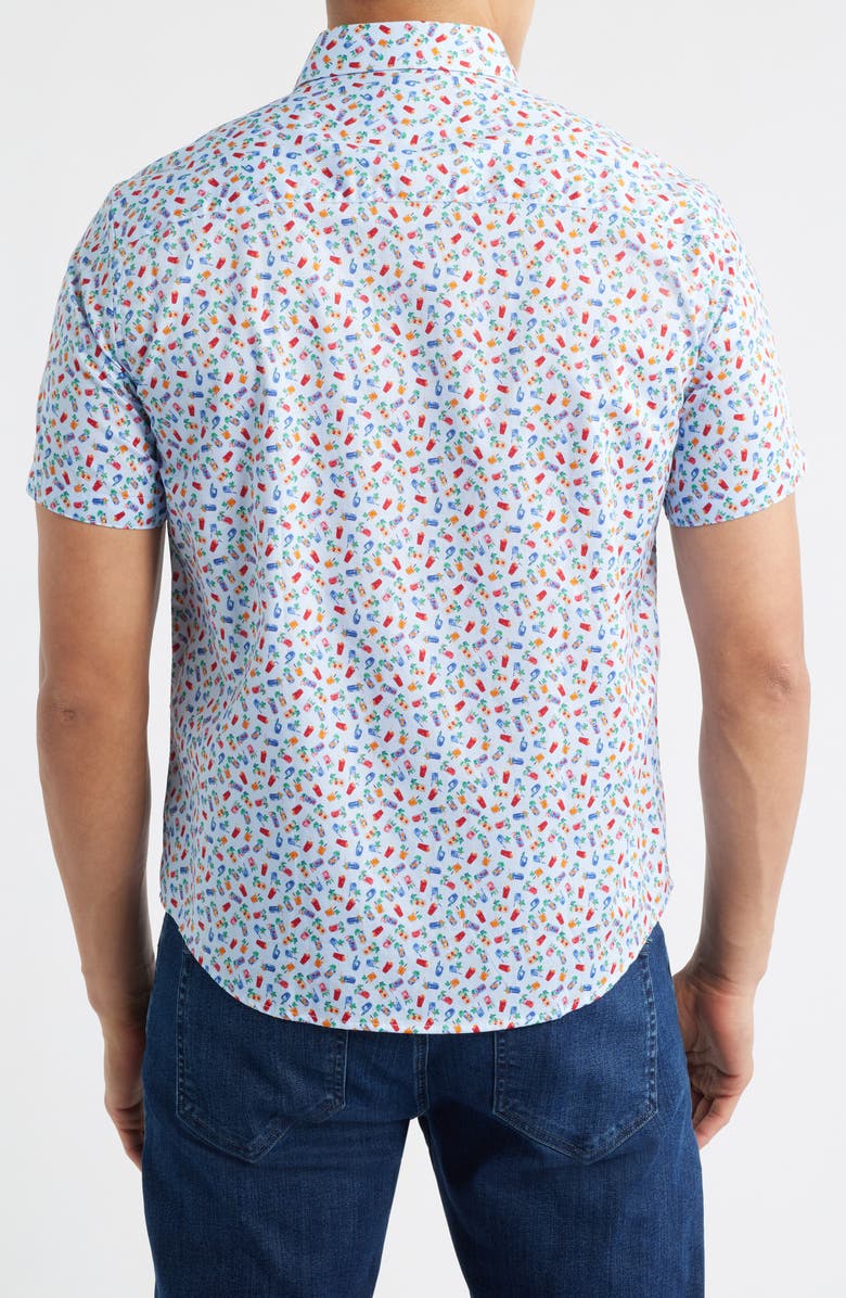Johnston & Murphy Logan Cocktail Print Short Sleeve Cotton Blend Button-Up Shir, Alternate, color, Blue Multi Happy Hour