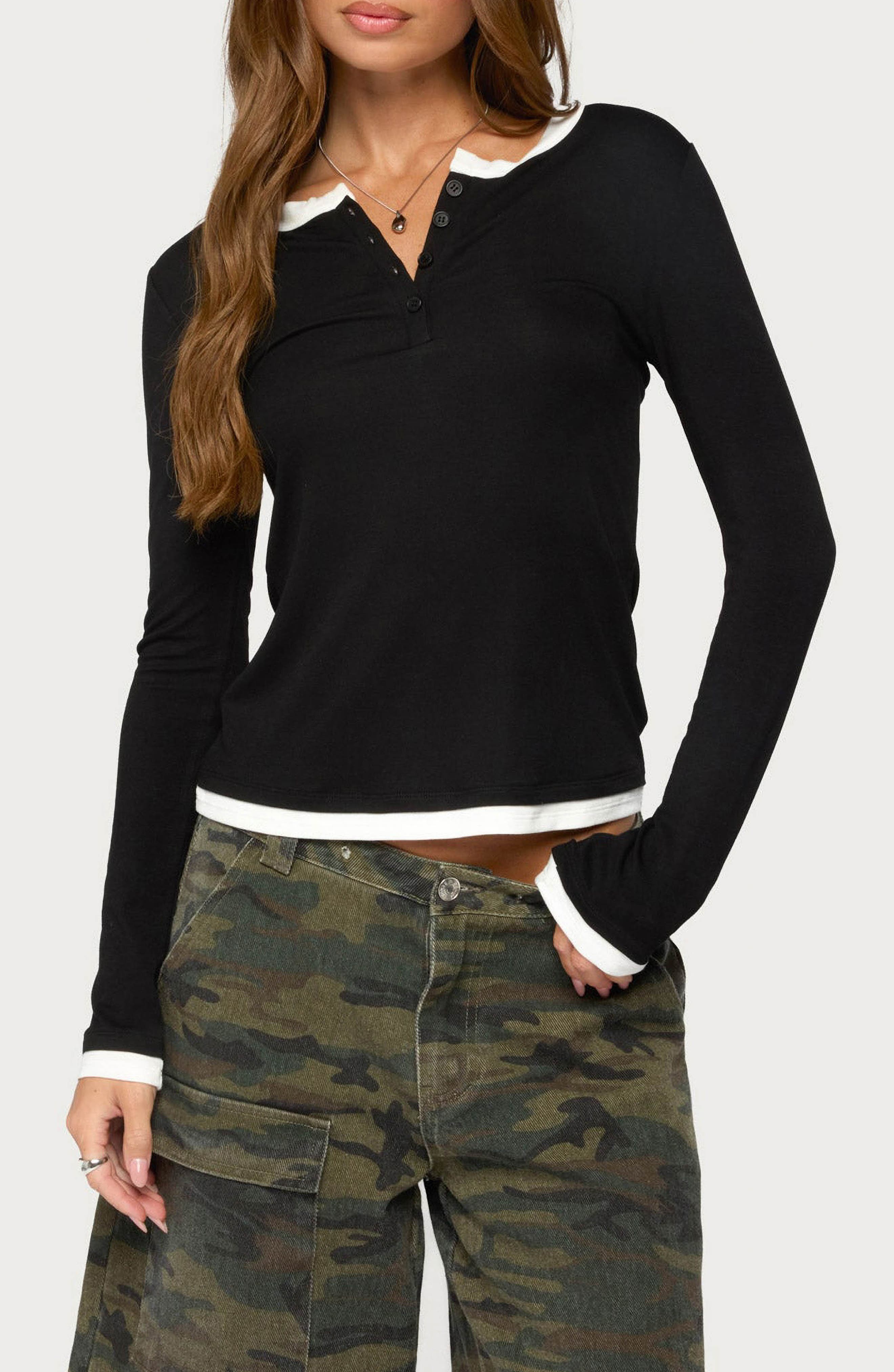 EDIKTED Contrast Layered Look Henley T-Shirt (Women) | Nordstrom