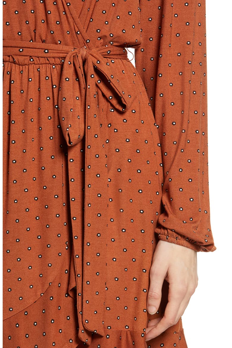 Long Sleeve Wrap Minidress, Alternate, color, BROWN DELILAH FLORAL DOT
