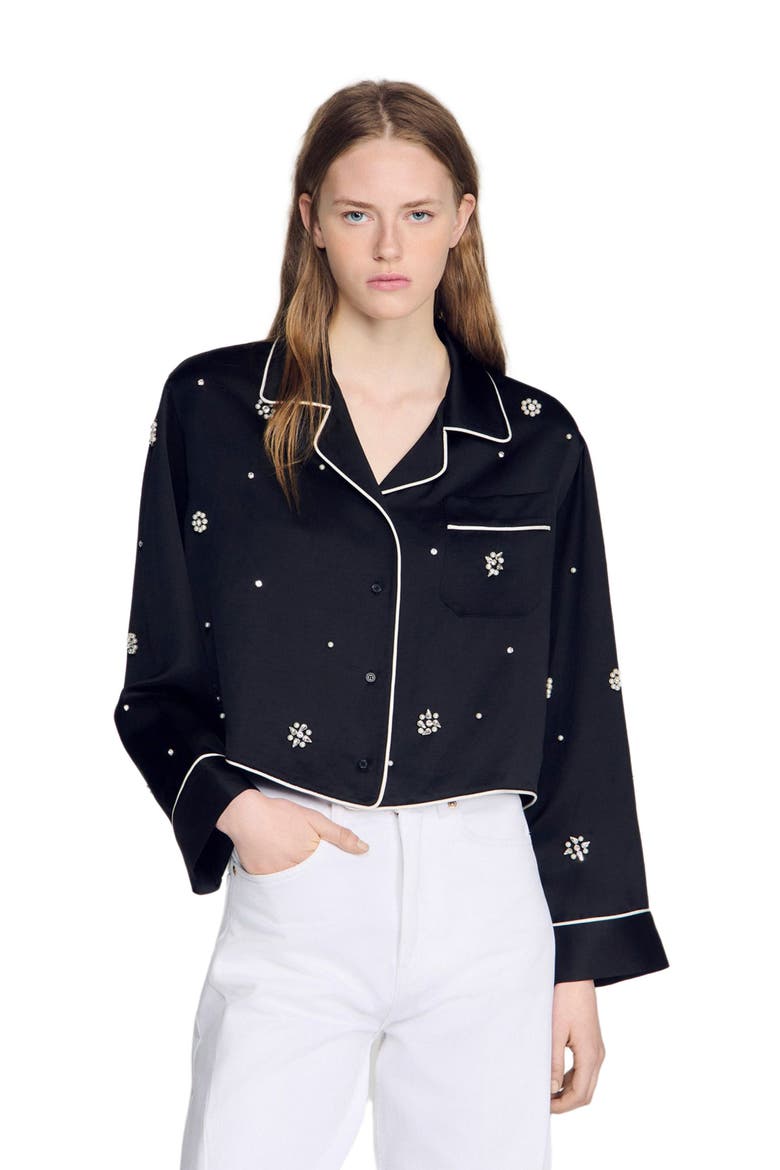 Shirt with beads and rhinestones, Main, color, Black