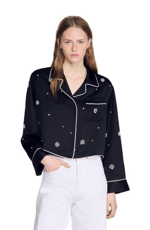 Shirt with beads and rhinestones