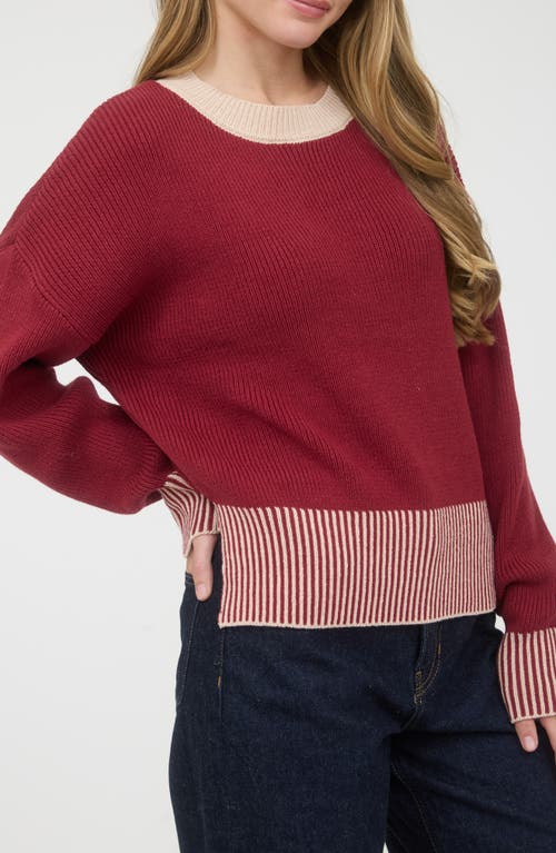 Blu Pepper Contrast Trim Back Button Sweater In Burgundy