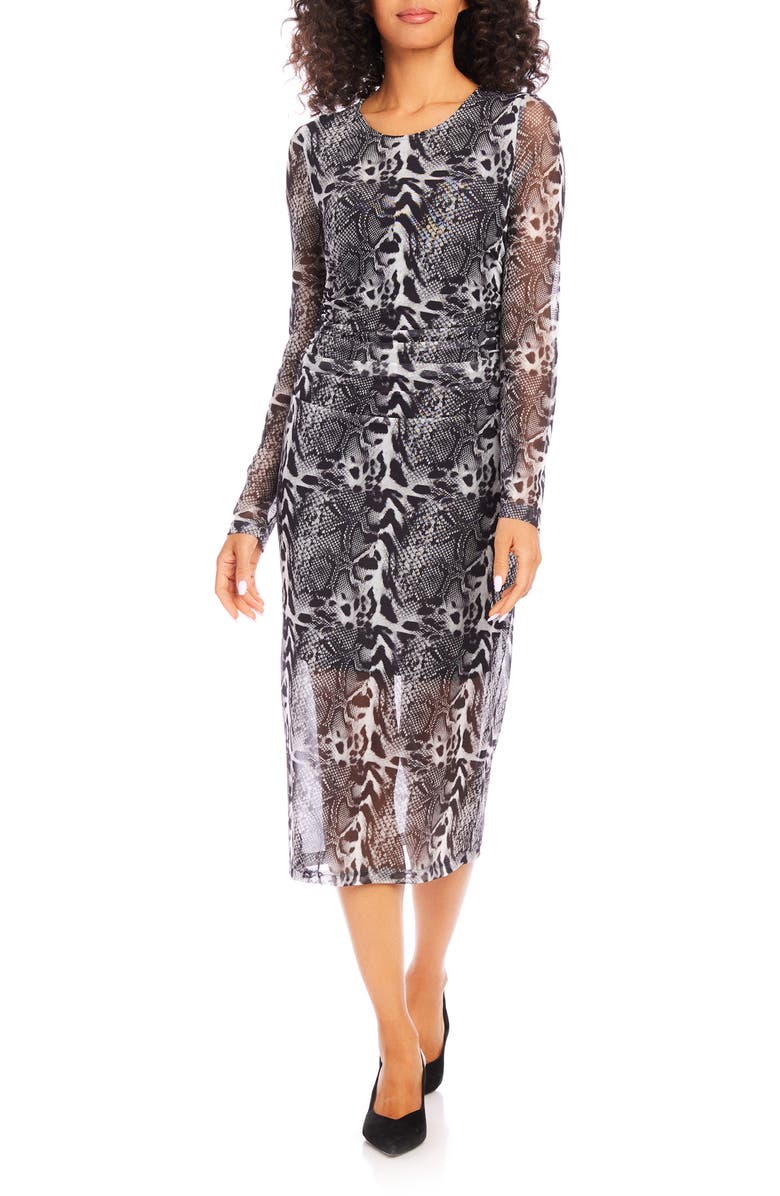 Karen Kane Mixed Animal Print Long Sleeve Mesh Midi Dress, Main, color, 