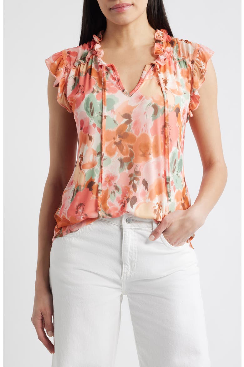 Floral Ruffle Trim Split Neck Top, Main, color, BLUSH