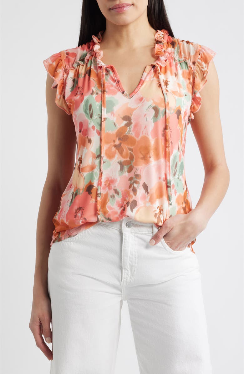 Loveappella Floral Ruffle Trim Split Neck Top, Main, color, 