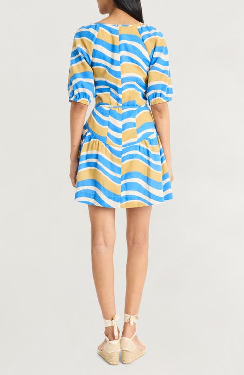 Shop The Good Journey Puff Sleeve Drop Waist Babydoll Minidress In Blue/cream