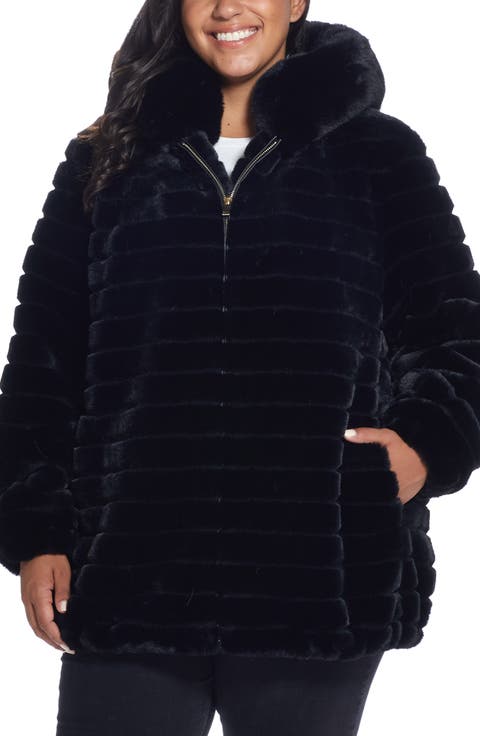 Hooded Faux Fur Jacket (Plus)