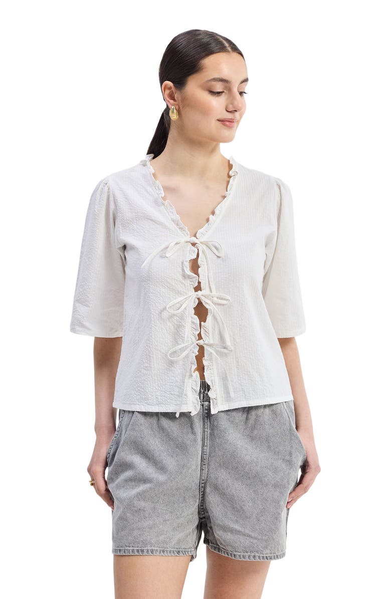 Reistor Relaxed Fit Top With Ruffles and Front-Ties in White, Alternate, color, Striped Horizon