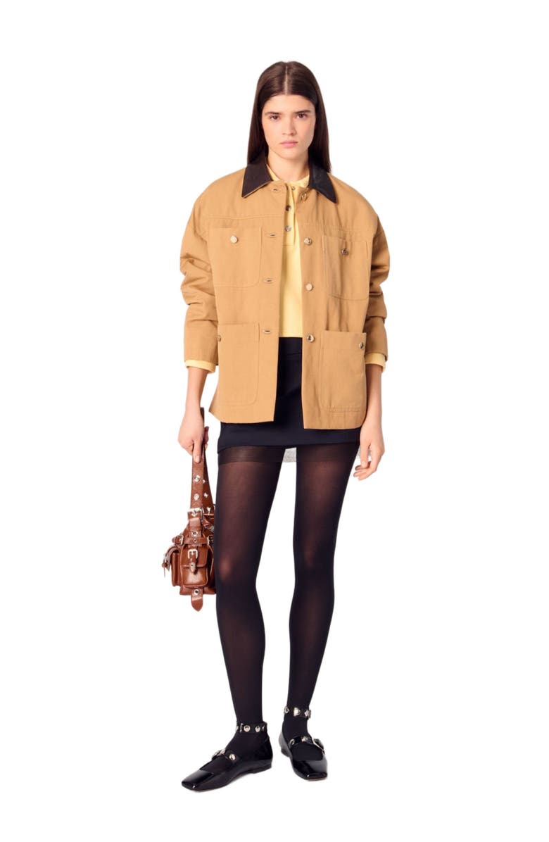 maje Cotton coat with leather collar, Main, color,