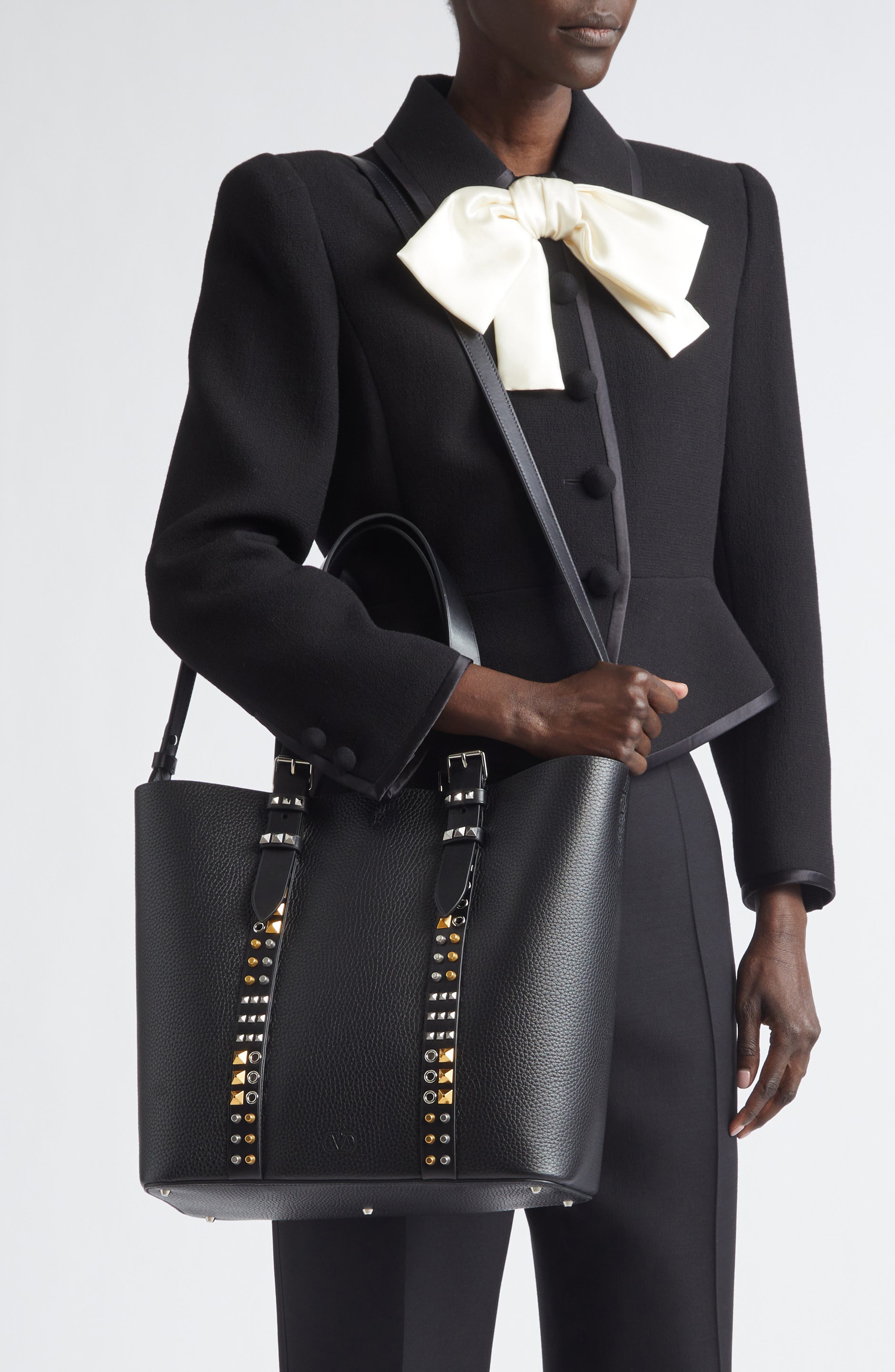 Valentino Medium Rockstud Calfskin Tote, Alternate, color, Black
