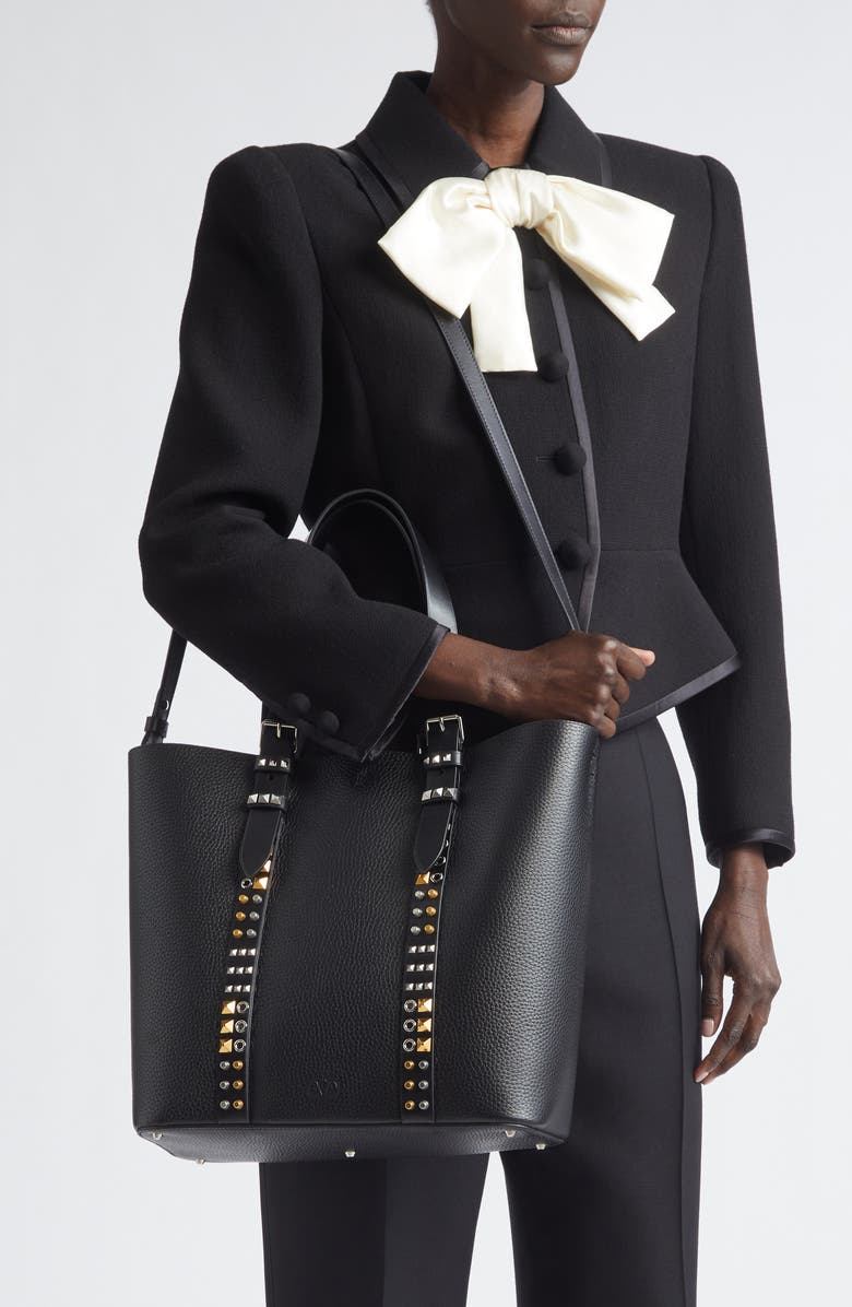 Valentino Medium Rockstud Calfskin Tote, Alternate, color, Black