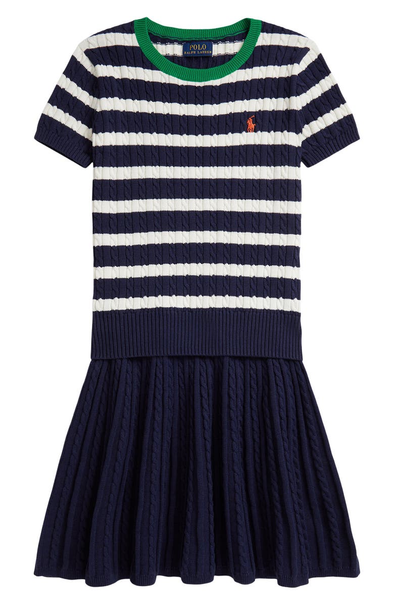 Polo Ralph Lauren Kids' Short Sleeve Cable Knit Sweater & Skirt Set, Main, color, Newport Navy Multi