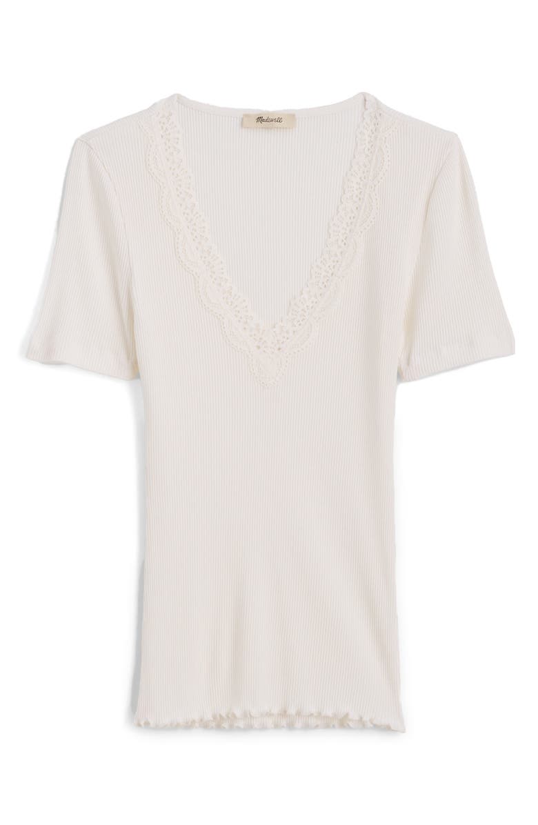 Madewell Lace Trim V-Neck Rib Top, Alternate, color, Winter White
