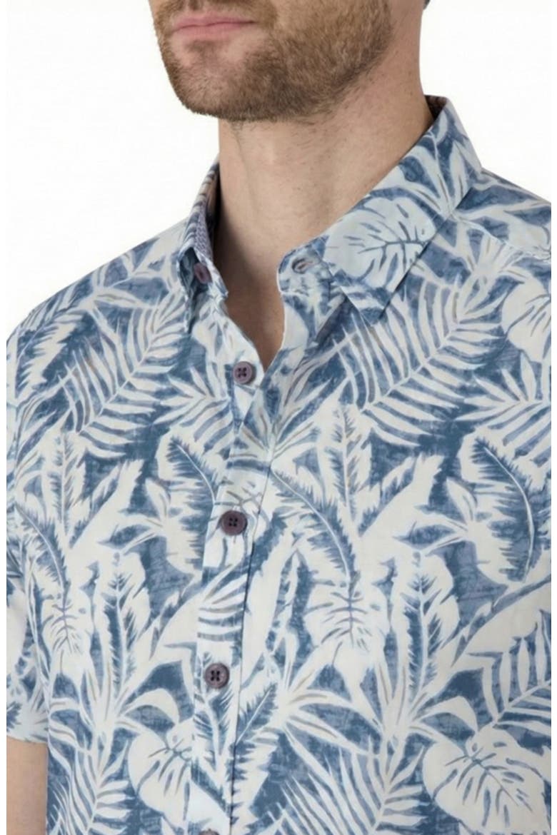 Tropical Print Short Sleeve Linen & Cotton Button-Up Shirt, Alternate, color, BLUE