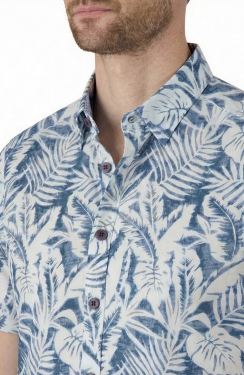 Report Collection Tropical Print Short Sleeve Linen & Cotton Button-Up Shirt, Alternate, color, Blue