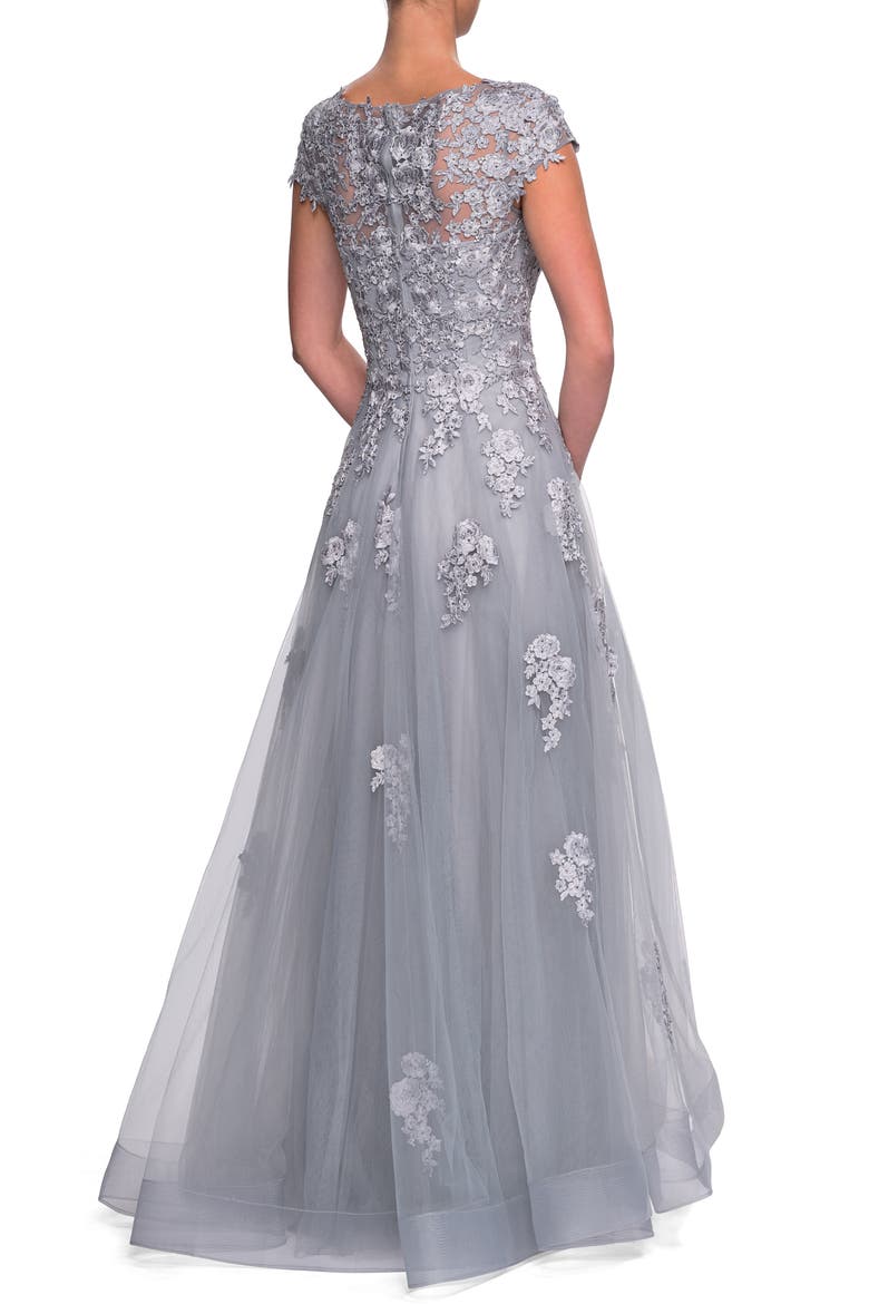 Long Tulle Gown with Intricate Lace Detailing, Alternate, color, SILVER