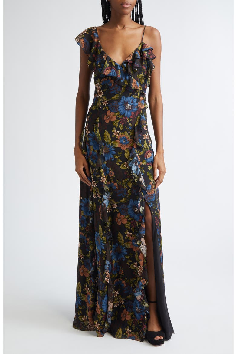 Madeline Floral Print Ruffle Asymmetric Silk Gown, Main, color, BLACK MULTI