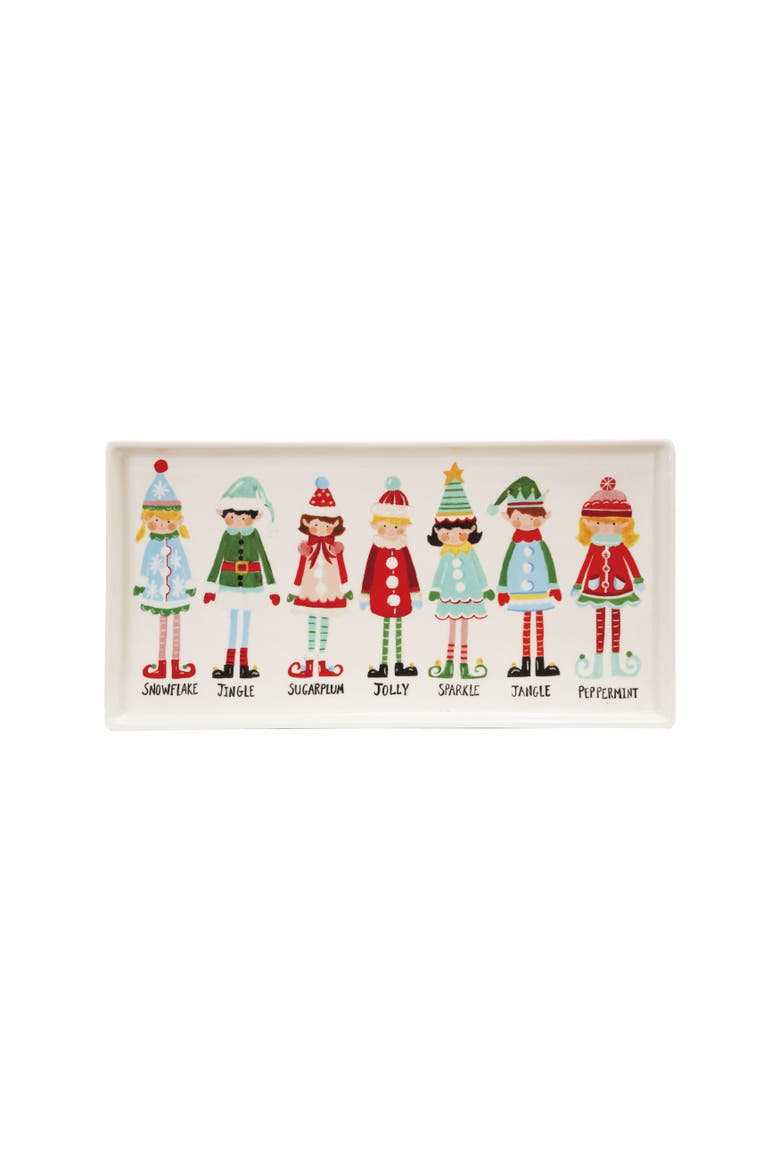 Stoneware Platter with Santa's Elves Print, Multicolor, Main, color, White