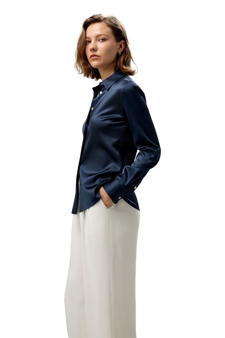 Women's Elegant Silhouette Slim Fit Silk Shirt, Alternate, color, Navy Blue