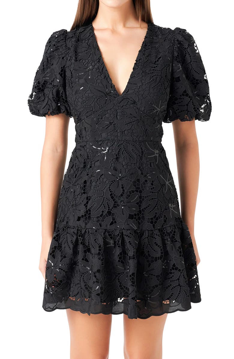Endless Rose Sequin Lace Fit & Flare Minidress, Alternate, color, Black