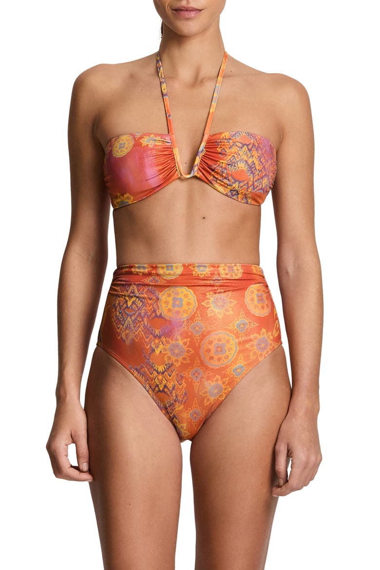 Shirred High Waist Bikini Bottoms, Alternate, color, ORANGE MULTI