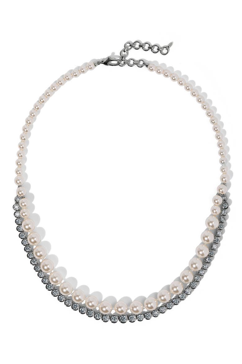 Imitation Pearl and Cubic Zirconia Double Layer Necklace, Main, color, RHODIUM