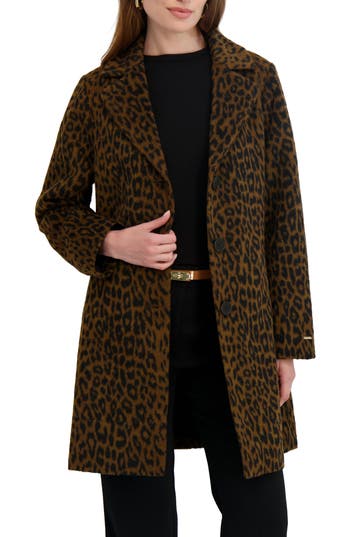 Tahari Lina Single Breasted Leopard Print Coat In Brown