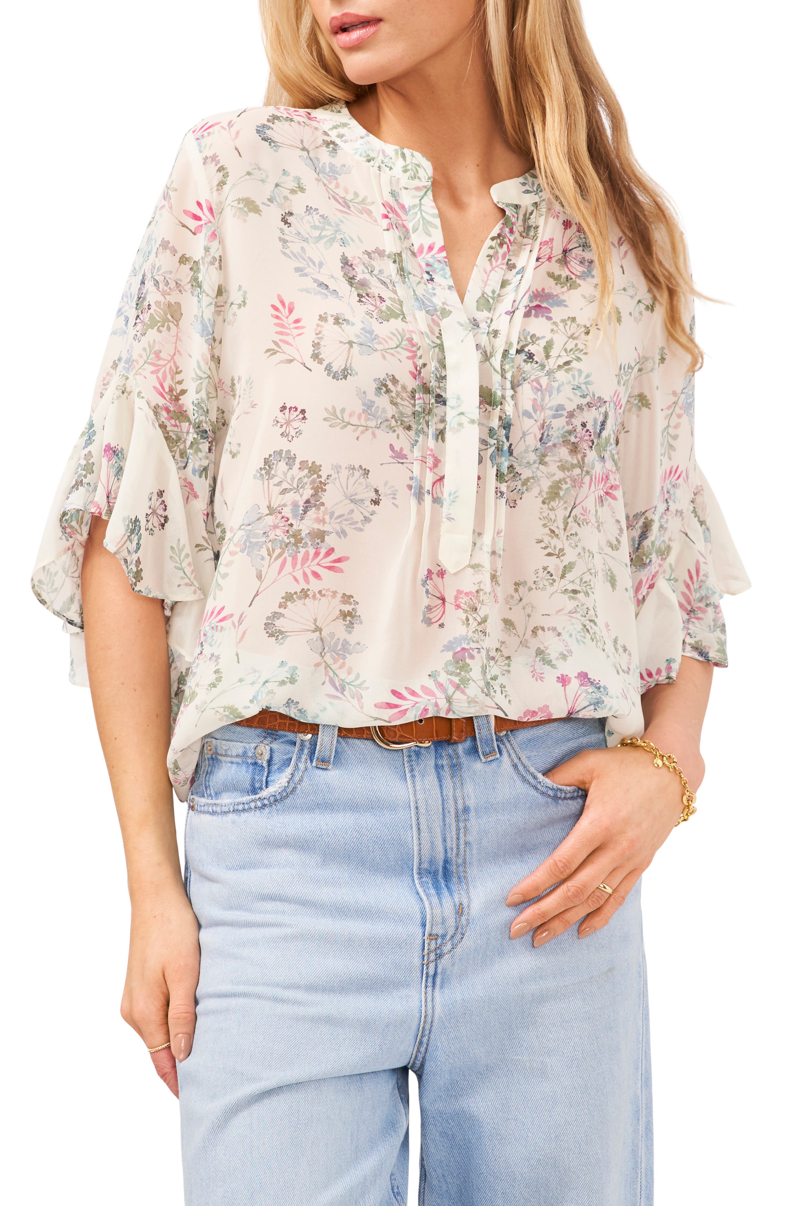Vince Camuto Breezy Dandelion Print Flutter Sleeve Blouse (Women ...