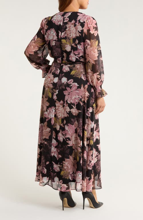 Anne Klein Metallic Floral Print Long Sleeve Faux Wrap Maxi Dress In Brown
