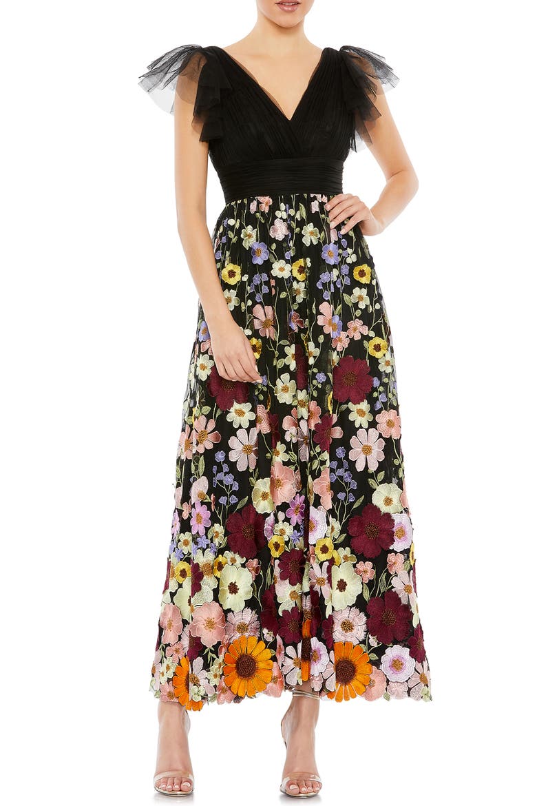 Embroidered Ruched Flutter Sleeve A Line Dress, Main, color, BLACK MULTI