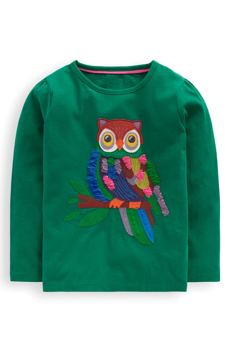 Mini Boden Kids' Owl Appliqué Cotton Graphic T-Shirt, Main, color, Green Owl