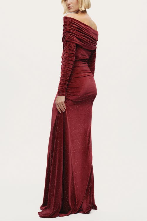 Nocturne Off-shoulder Velvet Maxi Dress With Rhinestone Detail In Red