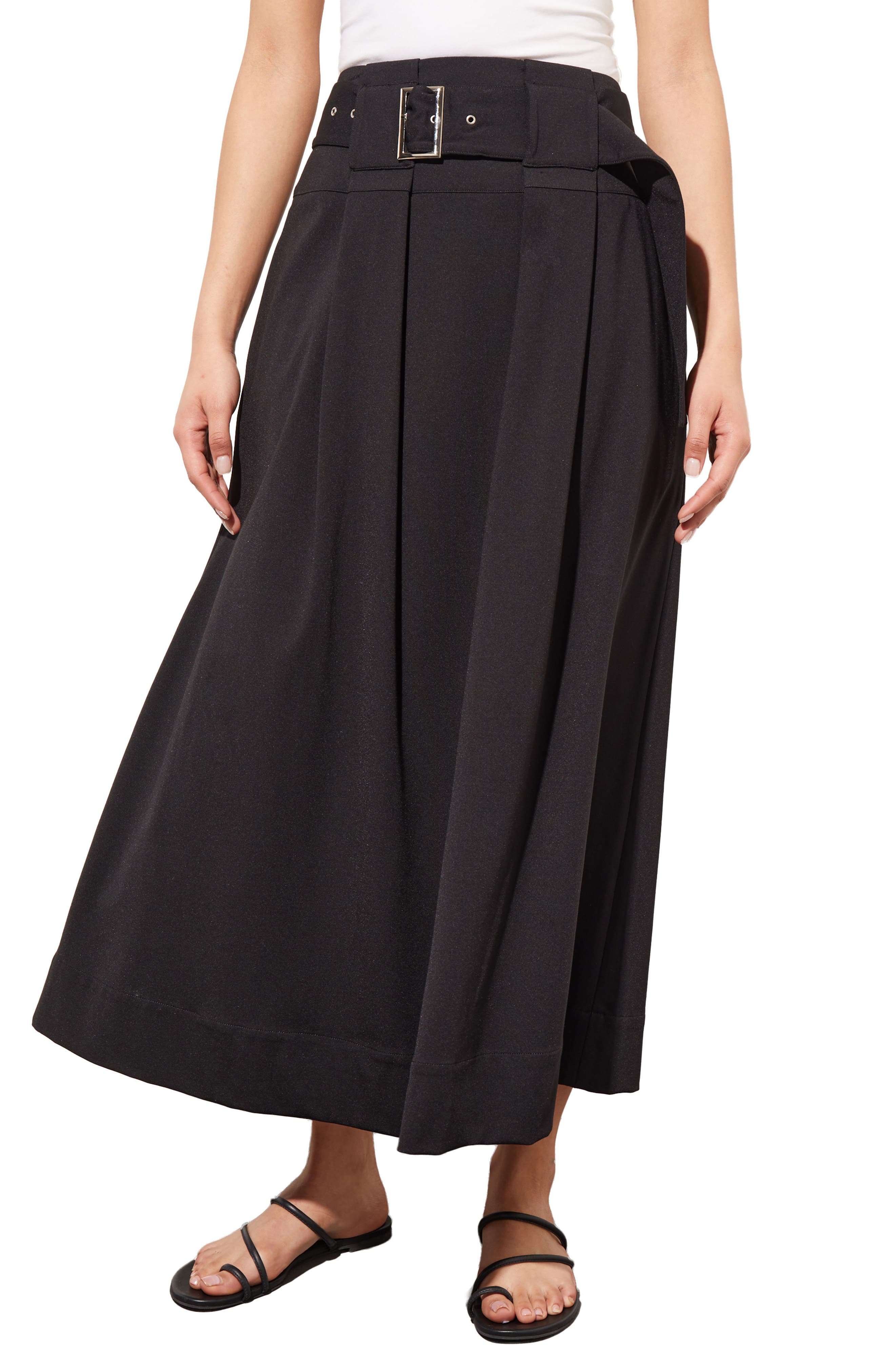 Pleated Belted A-Line Midi Skirt