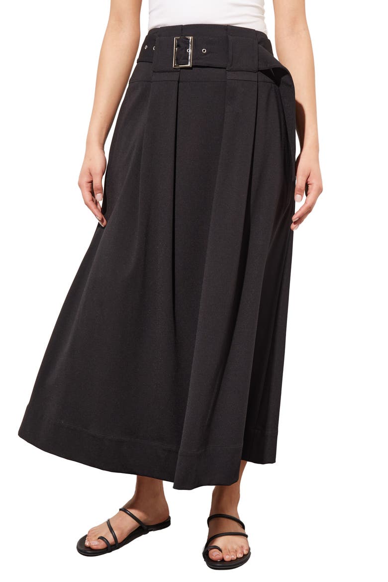 Pleated Belted A-Line Midi Skirt, Main, color, BLACK