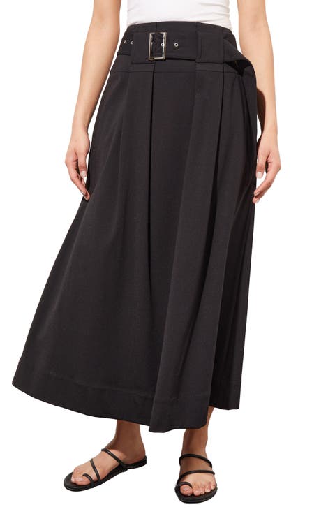 Pleated Belted A-Line Midi Skirt